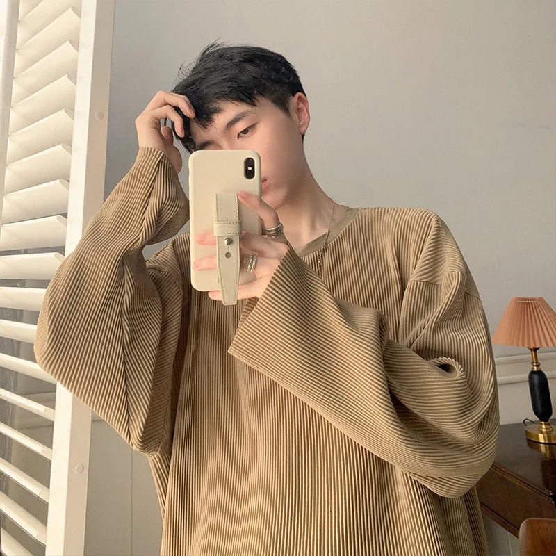 Loose Autumn Men Long Sleeve T Shirts Fashion O Neck Vertical Lines Solid Color Casual Men T Shirt Tops 241011