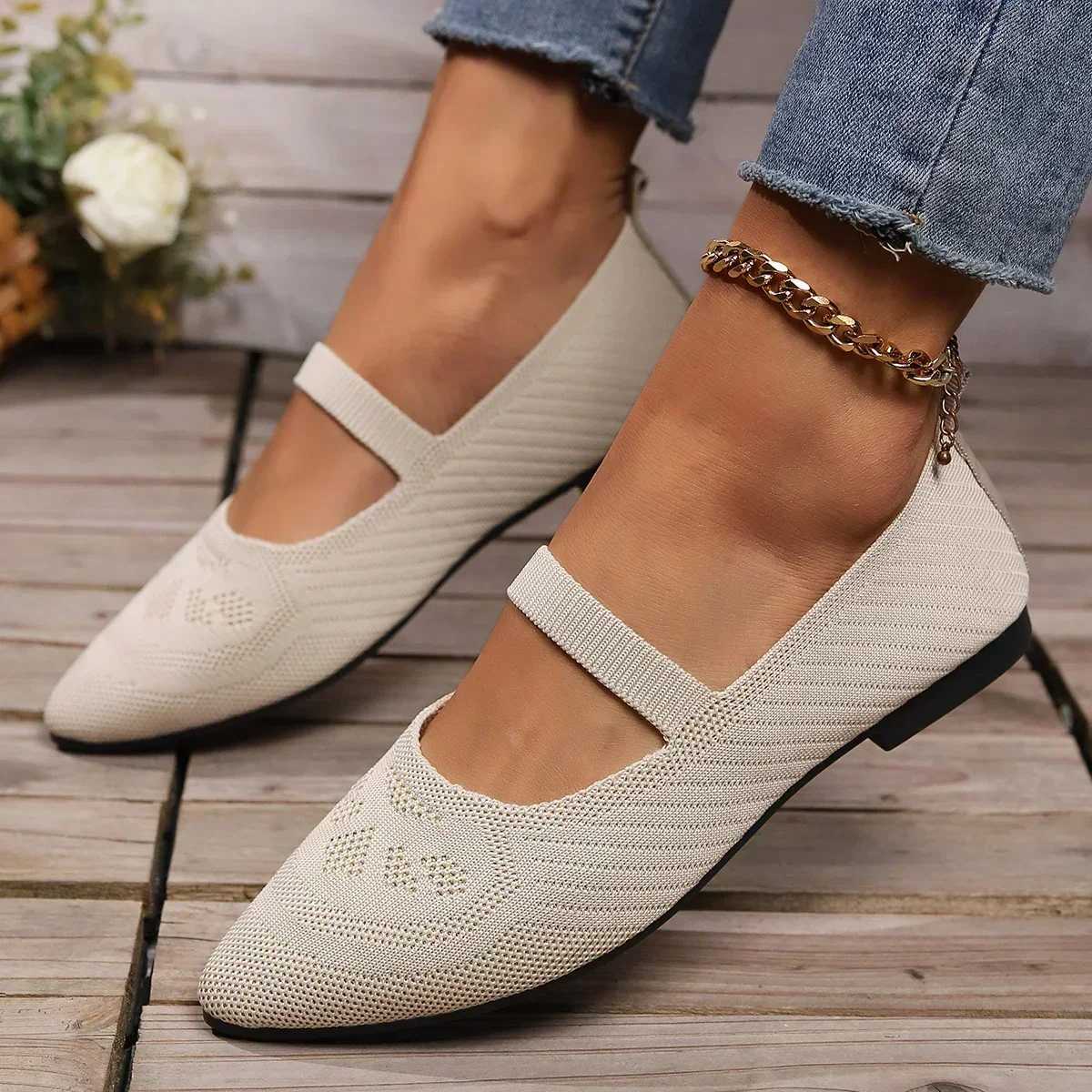 Womens Pointed Toe Flat Shoes Solid Color Knitted Shoes Casual Breathable Ballet Flat Shoes Zapatos Mujer 2024 Tendencia Y241011