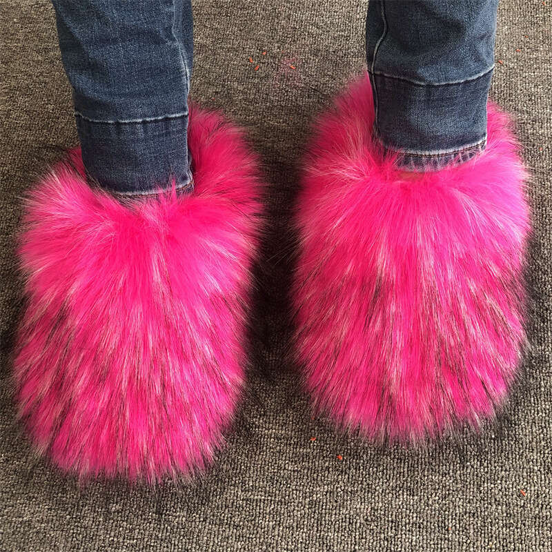 Women winter boots cotton shoes fuzzy raccoon women in autumn winter plush and warm faux fur slippers for home working shopping fashion winter boot bo