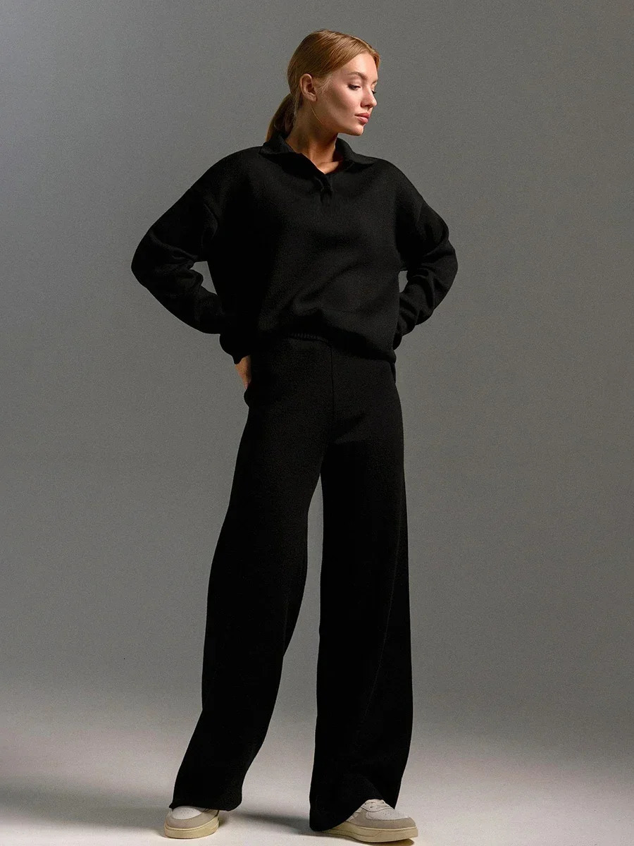 Bornladies Winter Thick Women Knitted Suits Soft 2 Pieces Sets Female Polo Neck Sweater Wide Leg Pants Outfit 241010