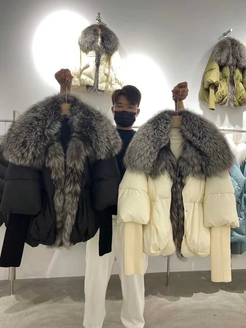 2024 Winter Real Fox Fur Collar White Duck Down Padded Jacket Regular Fashion Warm Big Fur Collar Womens Coat W241010