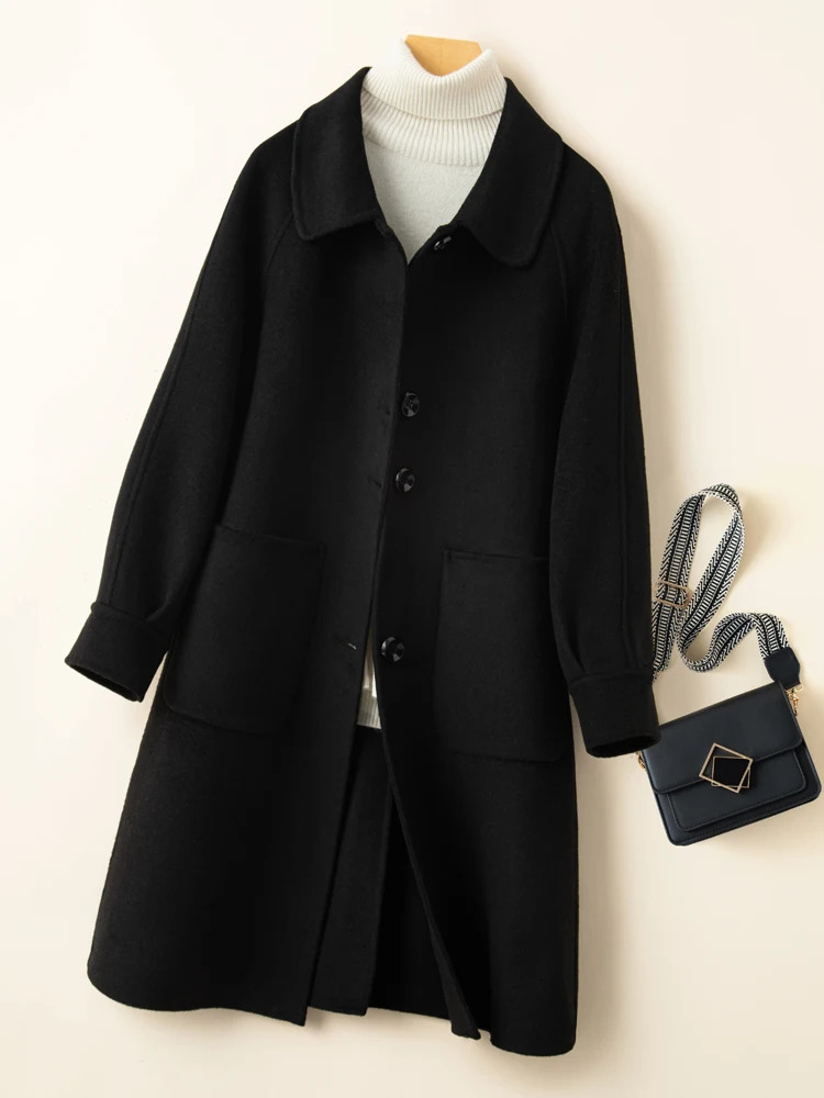 Reversible cashmere coat for women small medium long high-end double-sided cotton doll collar loose fit 100% wool coat 241011