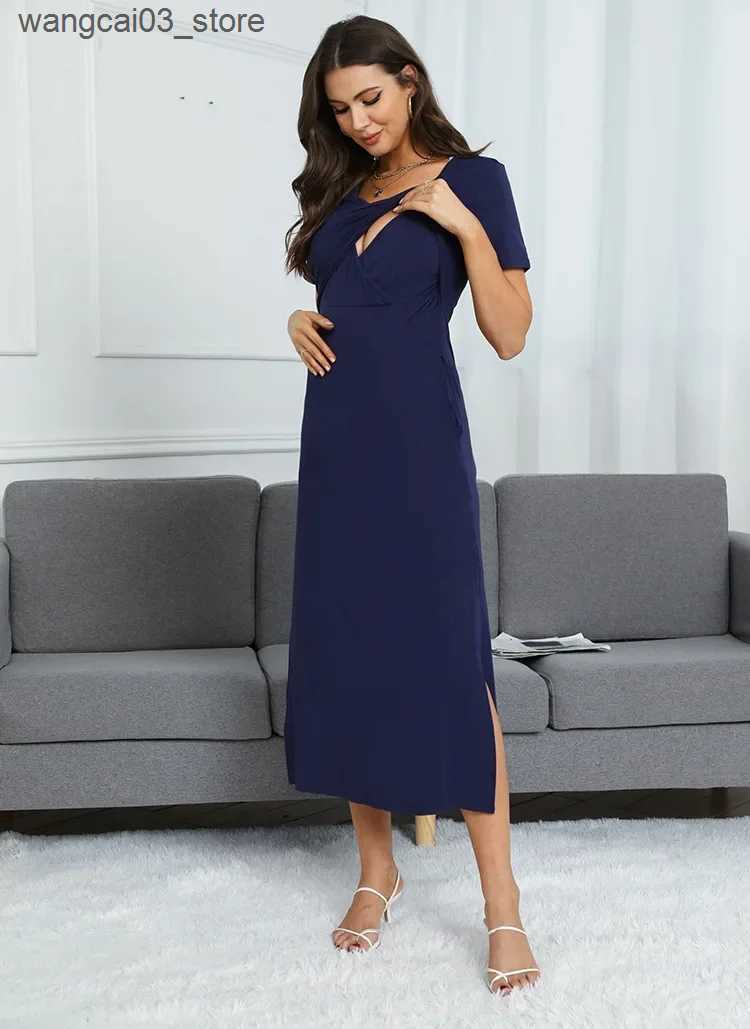 Maternity Dresses Summer Premama Nursing Dress Solid Short Sleeve Pregnant Women Baby Shower Breastfeeding Dresses Maternity Clothing Photoshoots L240