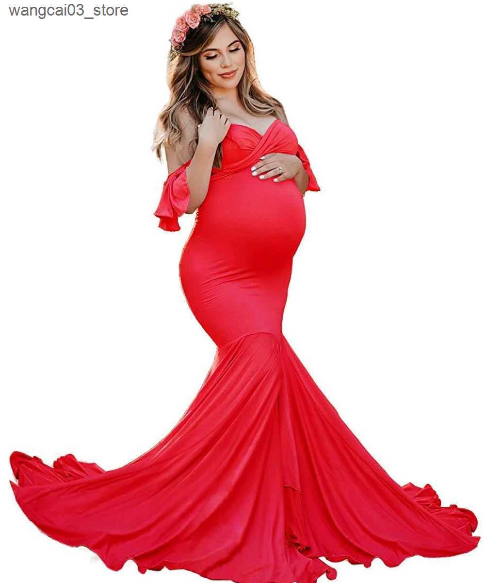Maternity Dresses Maternity Dress Mercerized Cotton Maternity Ruffled Sleeves Crossover V-neck Trailing Dress Photography Dress L240910