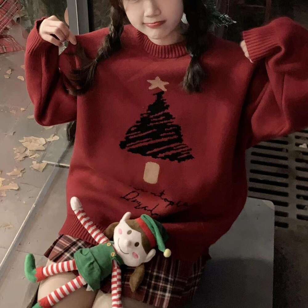 Christmas female atmosphere, autumn and winter lucky tree embroidery, long sleeved round neck knit sweater, loose fit