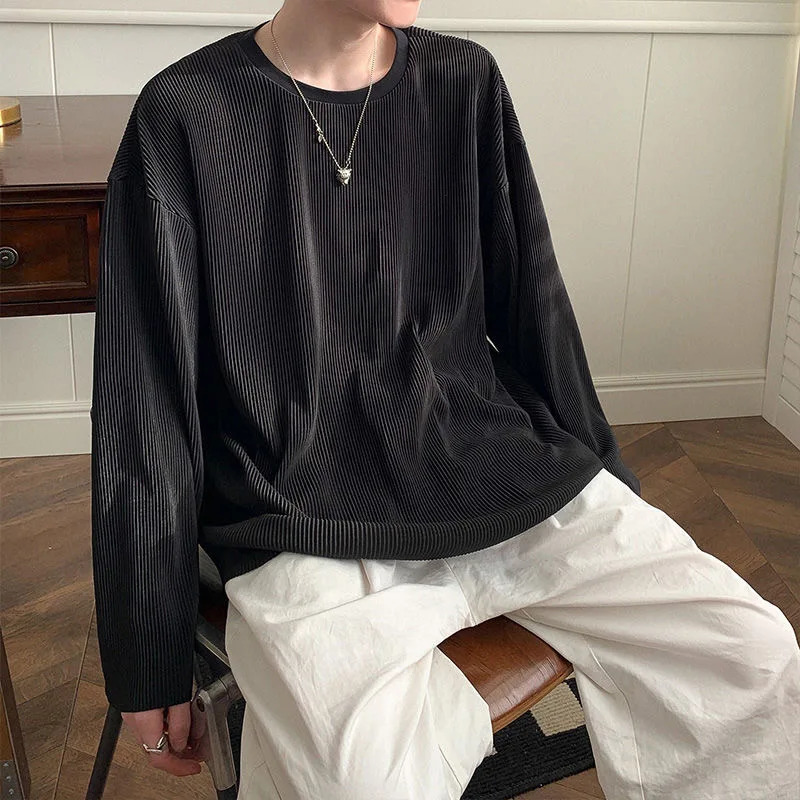 Loose Autumn Men Long Sleeve T Shirts Fashion O Neck Vertical Lines Solid Color Casual Men T Shirt Tops 241011