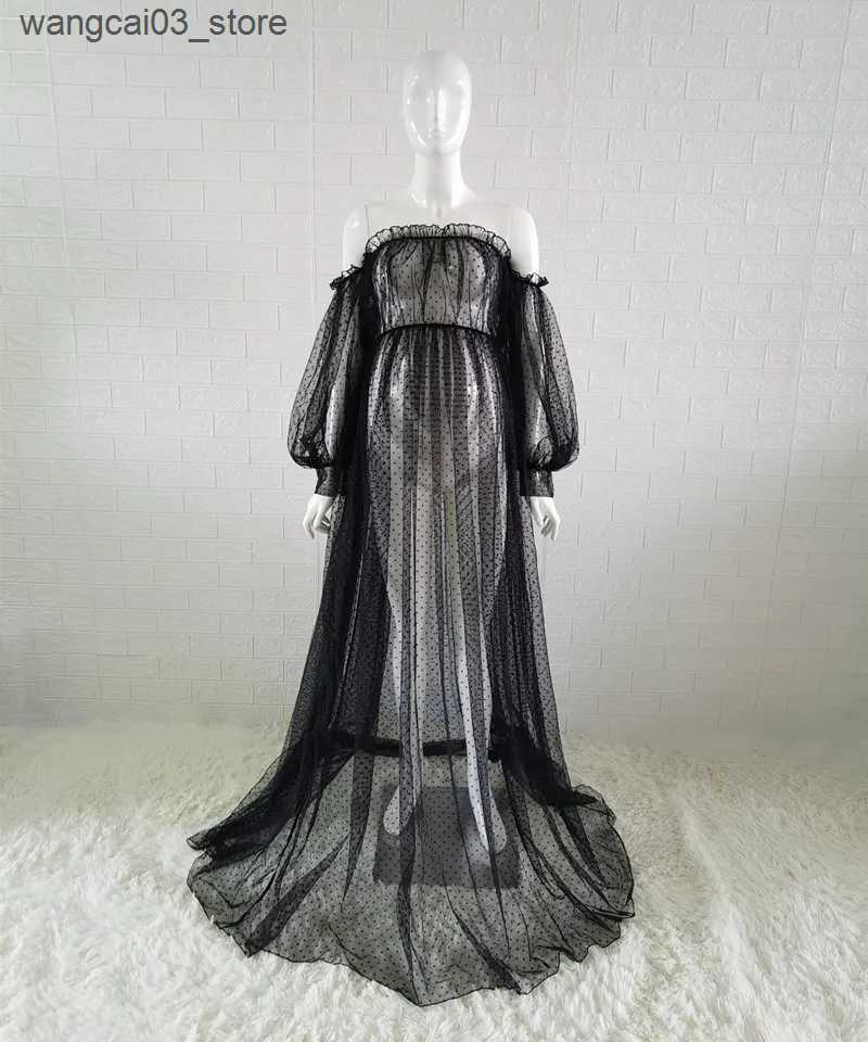 Maternity Dresses White Dot Tulle Maternity Photography Props Dress See Through Maternity Photo Shoot Tulle Long Dress Lantern Sleeve L240910