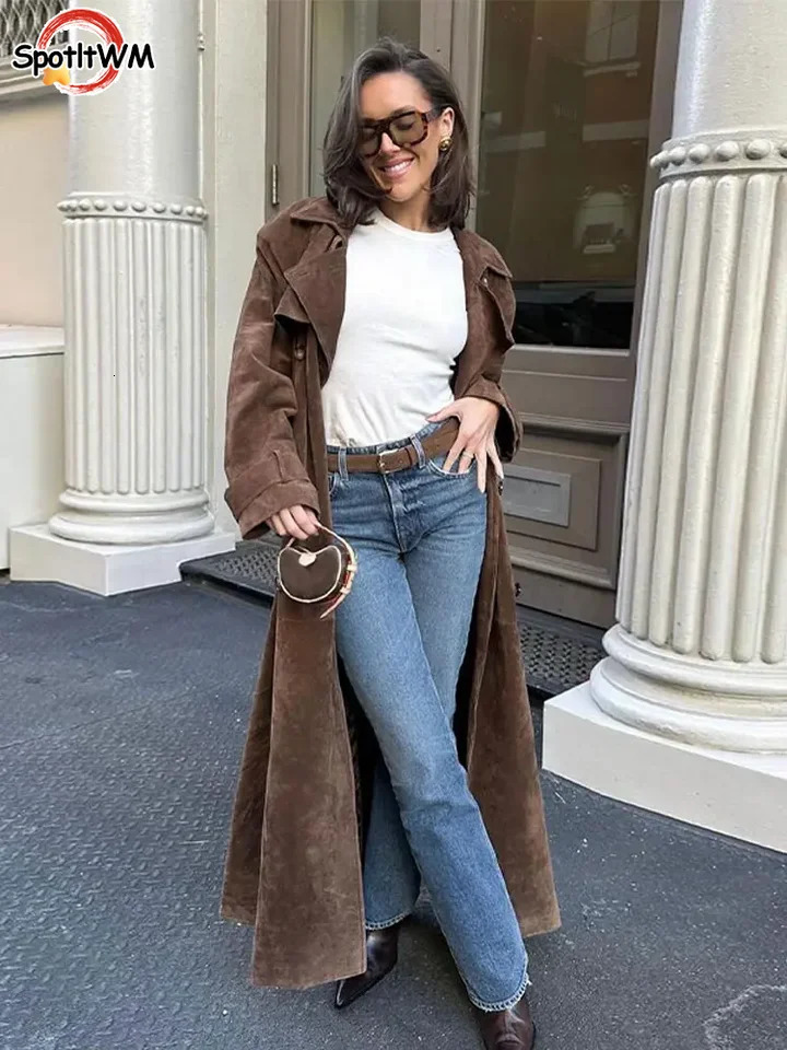 Vintage Brown Womens Lapel Long Coat With Belt Sleeved Oversized Overcoat 2024 Autumn Fashion Female High Street Outwear 240930