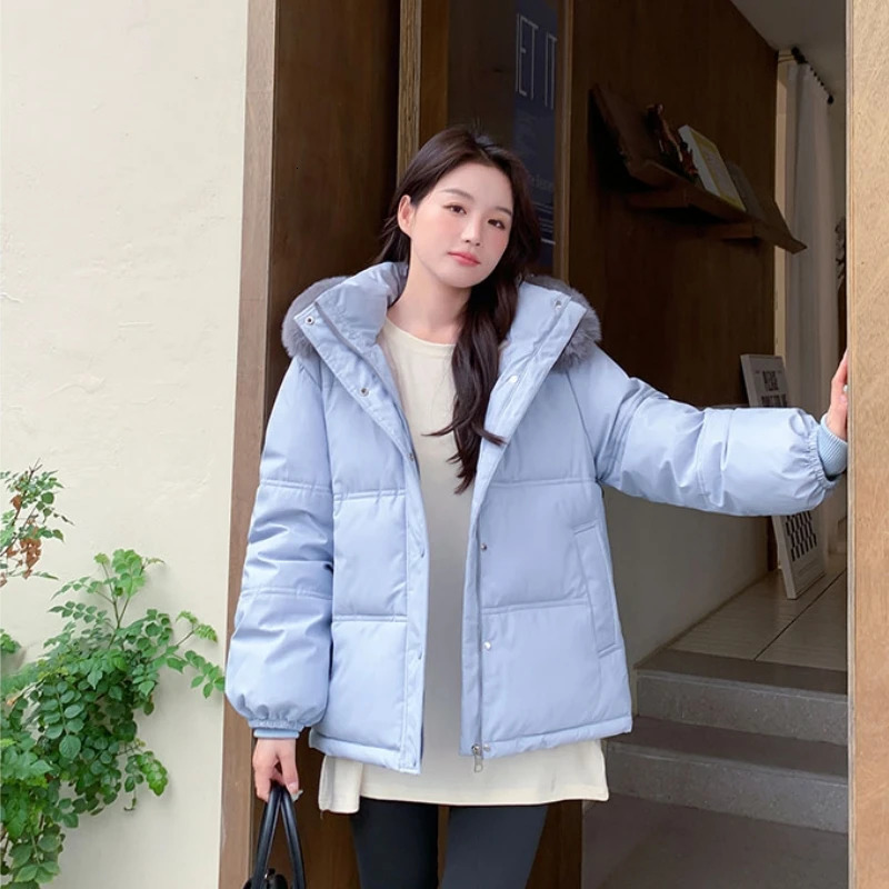 Blue down jacket womens coat black hooded fashion American streetwear Y2K style duck down jacket womens winter short jacket 241009