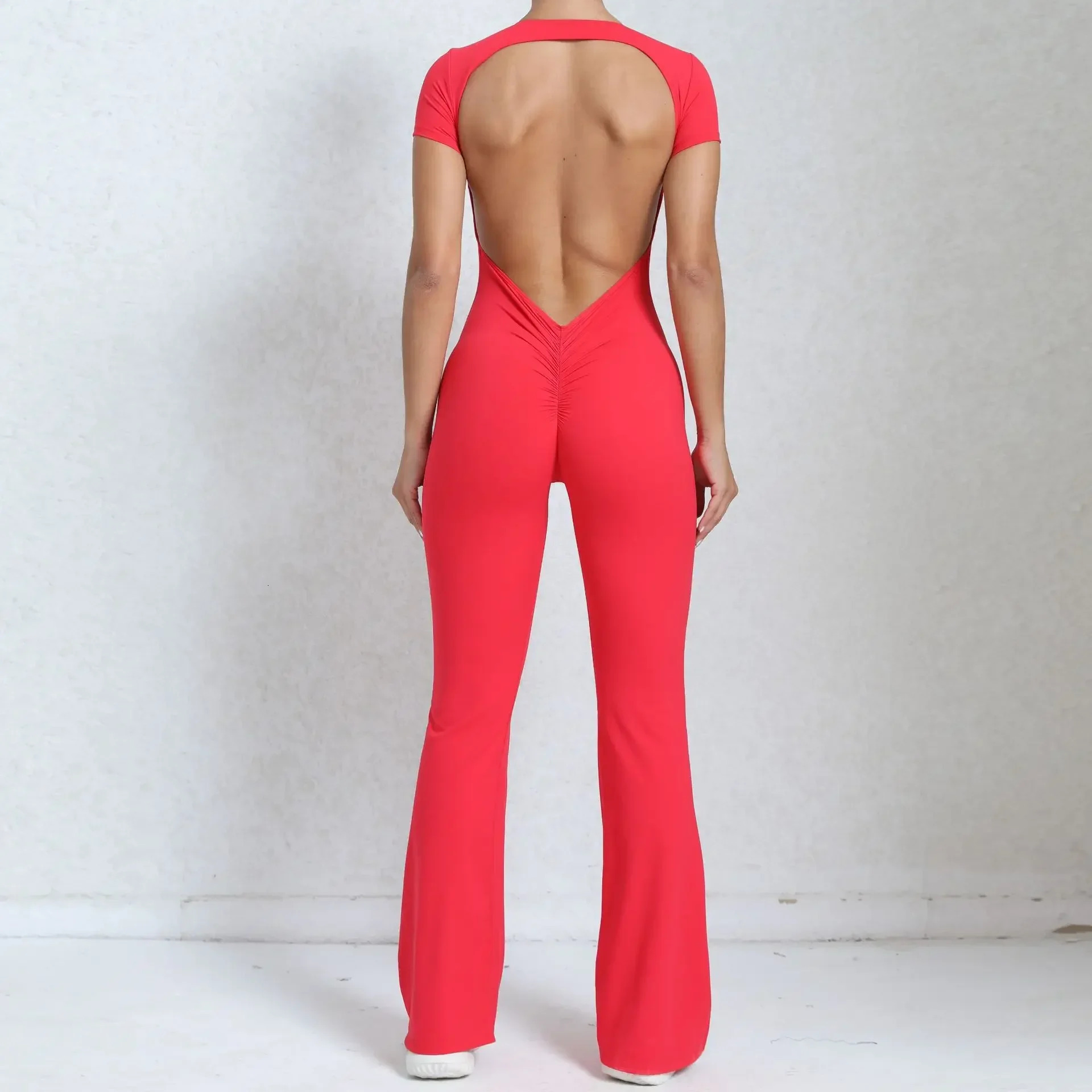 Sexy Backless Scrunch Flared Jumpsuits Women One Piece Sportswear Yoga Clothes Short Sleeve Fiess Overalls Female Sport Outfit mascot