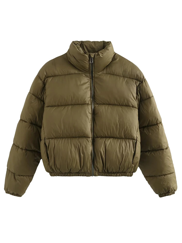Vintage Women Brown Warm Puffer Jackets 2023 Winter Fashion Ladies Elegant Short Parka Casual Female Chic Green Outerwear 241009