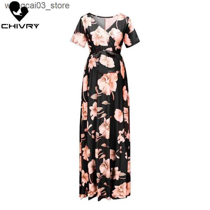 Maternity Dresses Chivry Maternity Dress Women Floral Print Short Sleeve V-neck Maxi Long Dress Pregnant Casual Clothes Summer Maternity Dress L240910