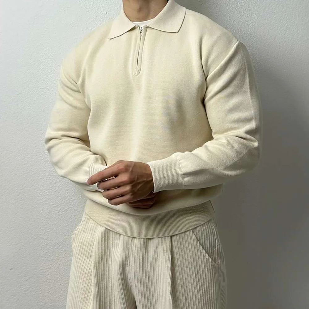 Mens Pullover Polo Korean Retro Preparatory Style Long Sleeve Mini Relaxing Fit Classic Retro workwear Autumn Top 240927