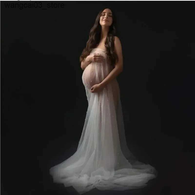 Maternity Dresses Sexy Beading Maternity Wrap Dresses For Photo Session Tulle Pregnancy Shoot Strapless Dress Long Pregnant Women Photography Gown L24