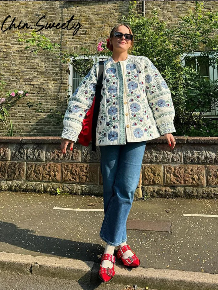 Autumn Winter Printed Cotton Coat with Womens Fashion O-neck Single Chest Lantern Sleeve Womens Coat Loose Womens Street Clothing 240927