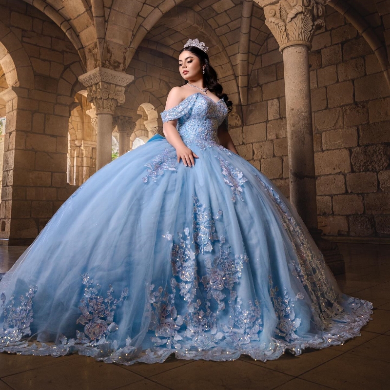 Sky Blue Quinceanera Dresses Off The Shoulder Lace Applique Bow Beads Tulle Ball Gown Birthday Party Sweet 16 Dress Vestidos 15 De Anos