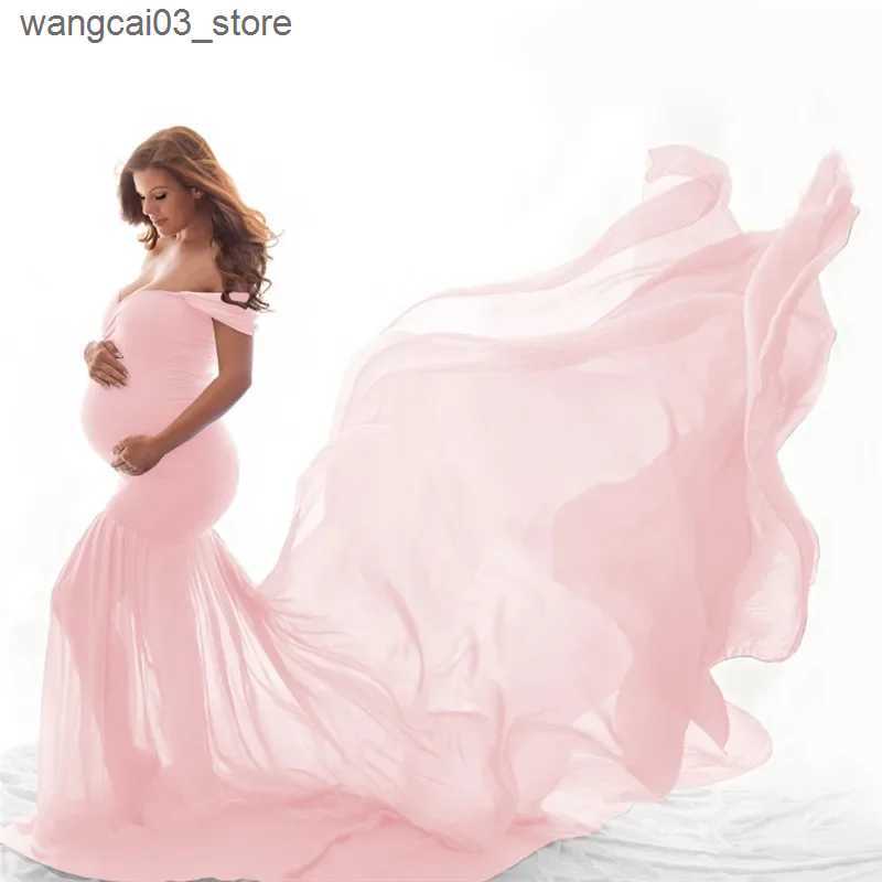 Maternity Dresses New Off Shoulder Maternity Dress for Photo Lace Chiffon Long Maxi Dress Pregnant Dresses Photography Props Photo Shoot L240910