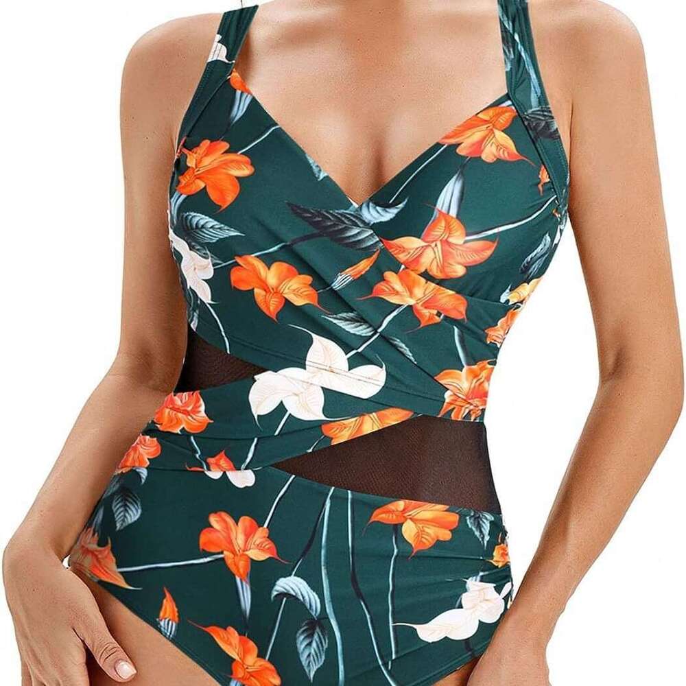 2024 New Printed One Piece Mesh Spliced Bikini Open Back Hollow Sexy Swimwear