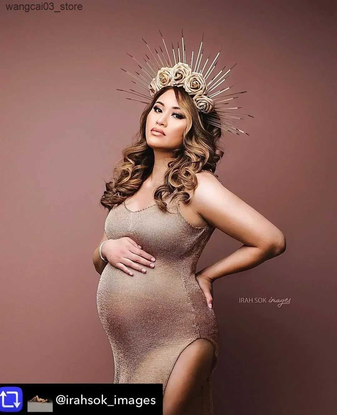 Maternity Dresses Gold Pregnancy Dress Photography Knitted Maternity Dresses Photoshoot Robe Clothing Props Baby Shower Dresses For Pregnant Woman L24