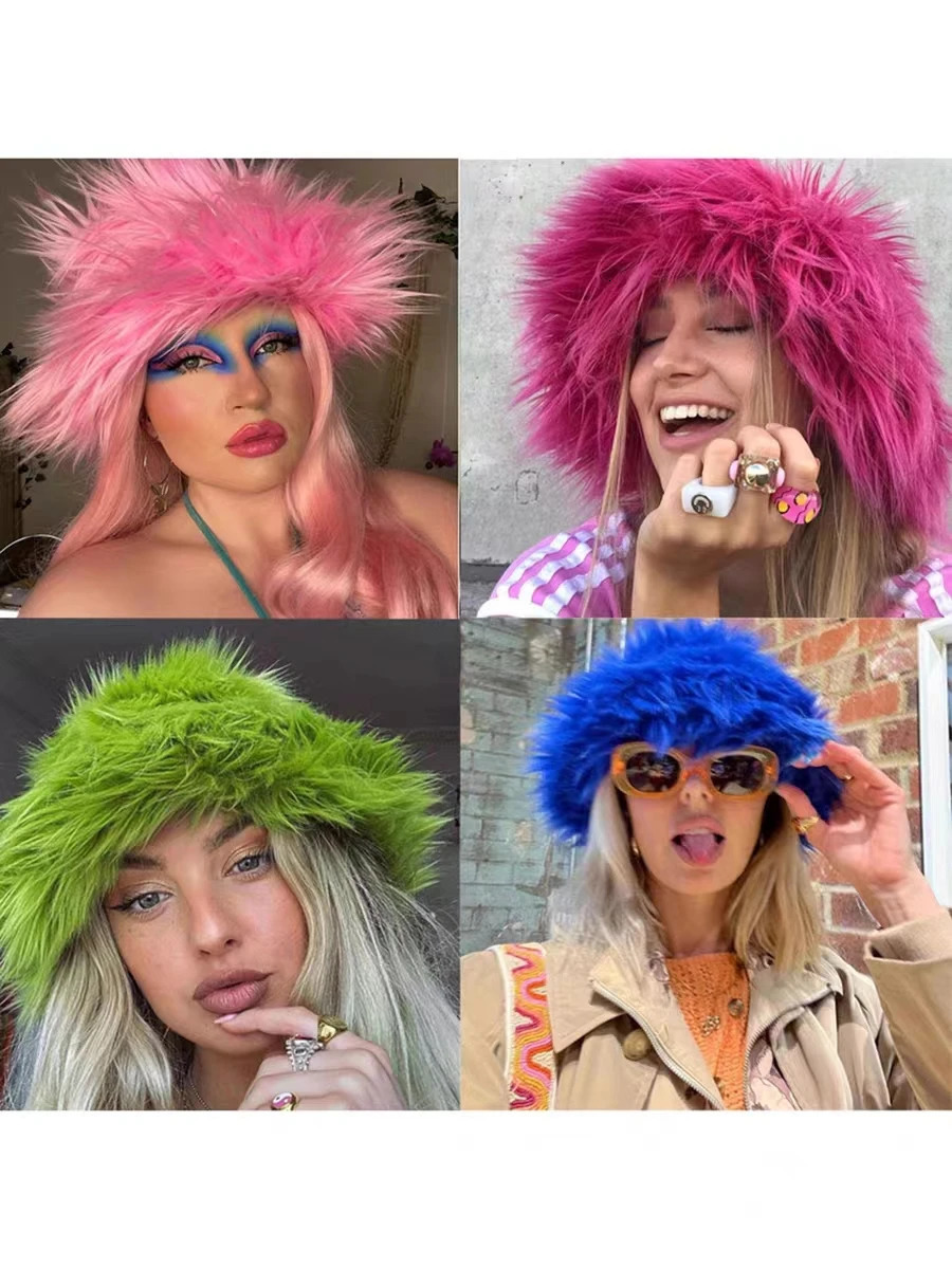 Red Big Brim Womens Fur Hat Plush Bucket Hat Warm Winter Y2K Mens Fishermans Hat Personalized Color Hat 241011