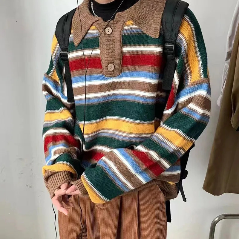 Mens Retro Street Dress Christmas Top Striped Gothic Harajuku Plus Size Korean Knitted Casual Sweater 241009