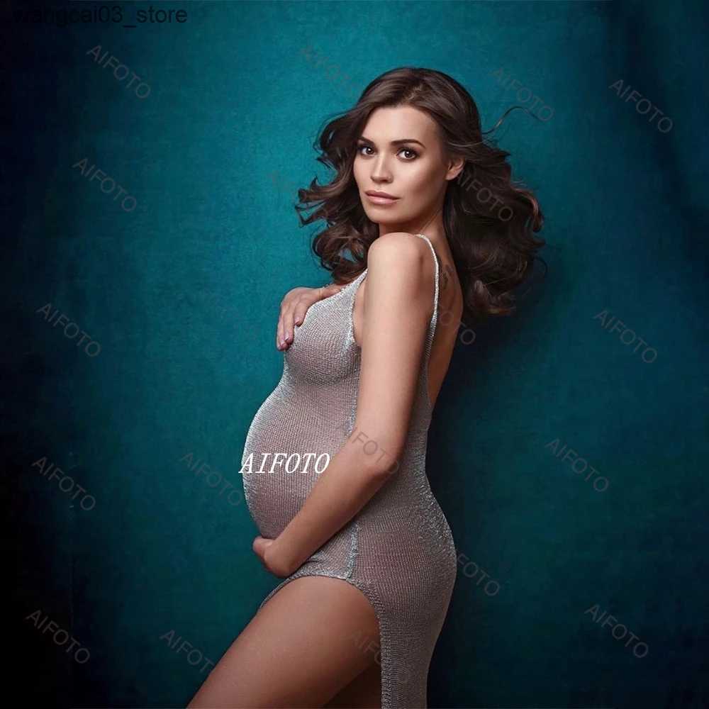 Maternity Dresses Womens Dresses For Photo Shooting Maternity Dress Gold Knitted Robe Gowns Pregnancy Photography Props Clothing Pregnant Woman L24091