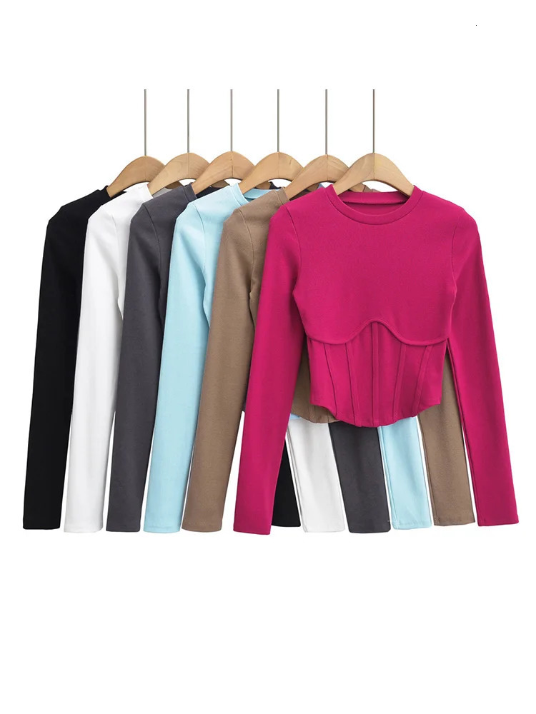 Vintage y2k streetwear white crop tops women long sleeve tees sexy o neck cropped t shirt bright line black cute ribbed 241011