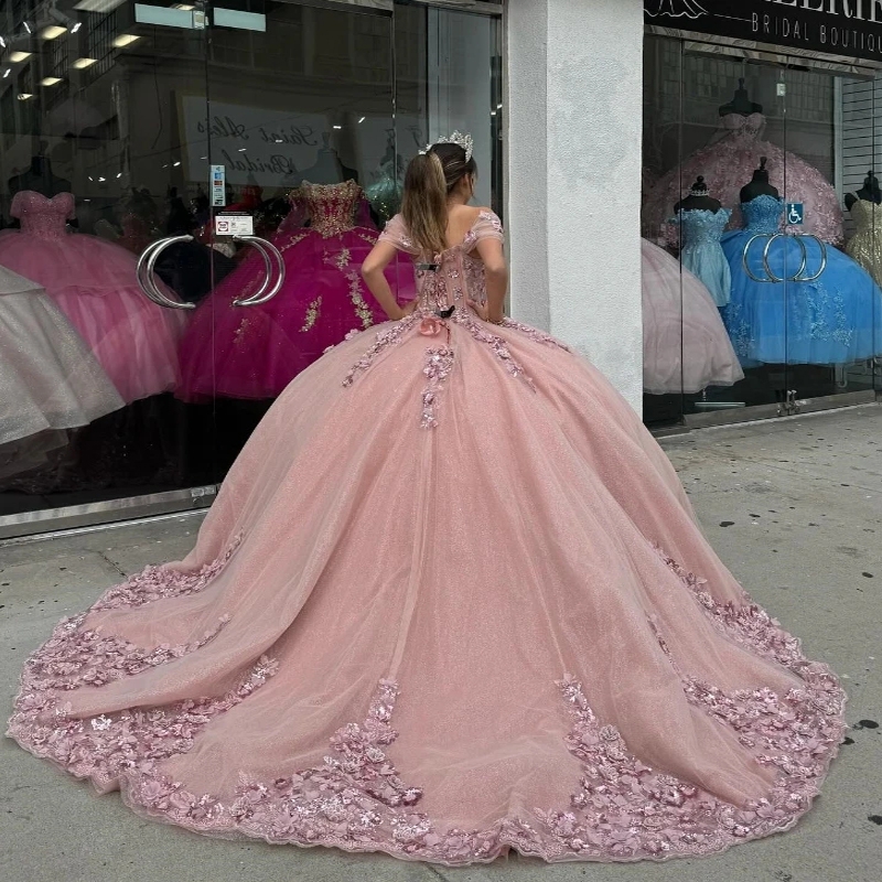 Luxury Pink Off Shoulder Quinceanera Dresses Ball Gown Appliques Lace Flower Beads Tull Sweet 16 Party Birthday Dress Lace-Up Vestidos 15 De Anos