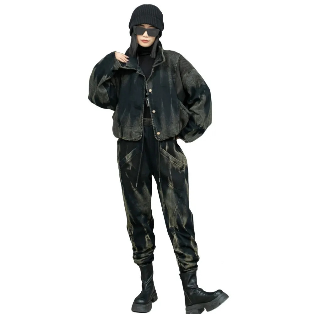 Personalized retro denim patch work knit wool jacketsmall leg harem pants two-piece set for women autumn/winter ZF239 241010