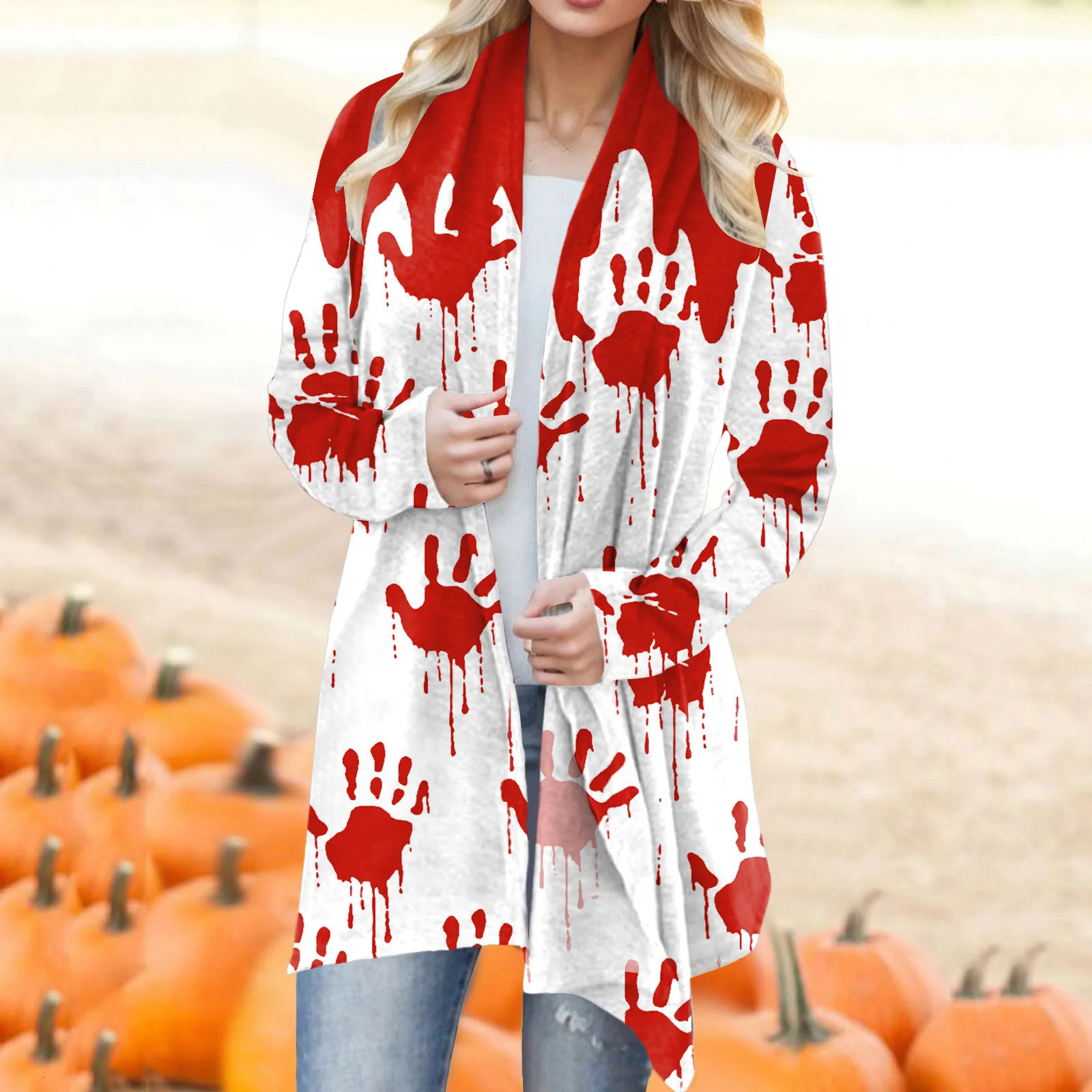 Womens fashion casual Halloween printed cardigan wool coat to keep warm medium to long party cardigan plus size 241007