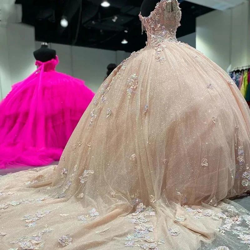 Light Champagne Off The Shoulder Quinceanera Dresses Ball Gown 3D Flowers Appliques Lace Beading Tassel Corset Vestido De 15 Anos Sweet 16 Dress