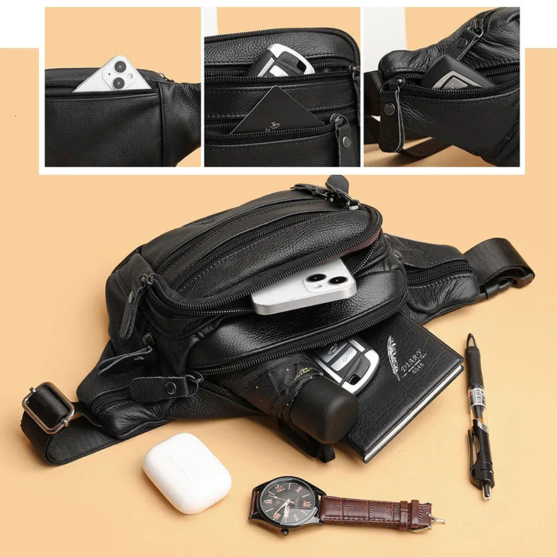 Real leather waist bag mens denim leather waist bag mobile phone bag mens suspender shoulder bag 241008