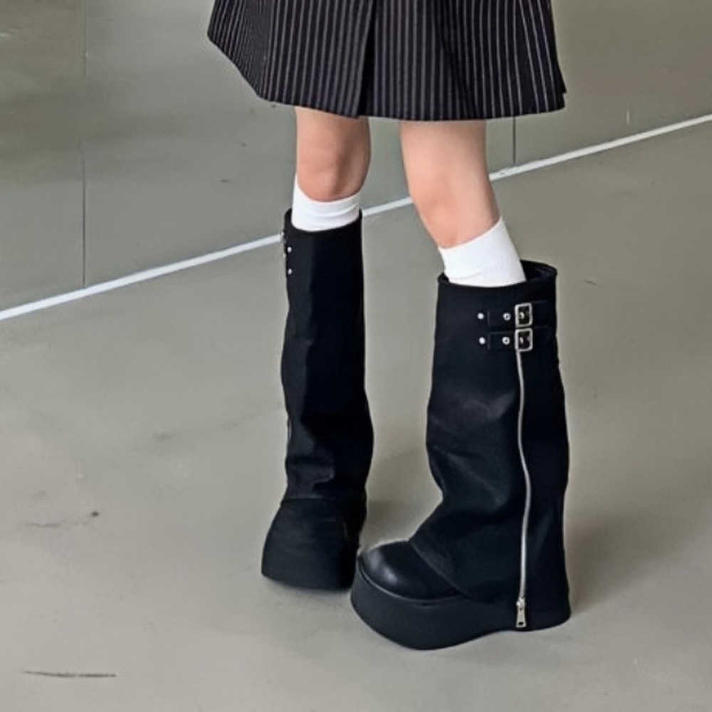 Fishing Thigh High Heel Boots Leather For Women Thick Soled Fashion Boots Model Knee Length Martin Boots Short Bottom Knight Boots 240826