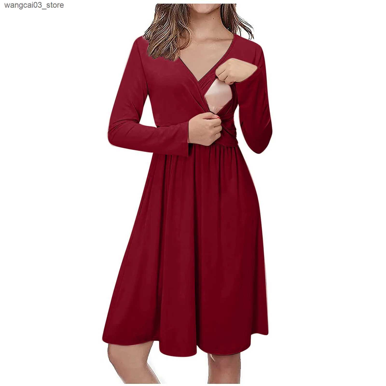 Maternity Dresses Pregnant Breastfeeding Dress With ket Casual Solid Color V-Neck Long Sleeve For Breastfeeding Dress Pregnancy Dress Vestidos L240910