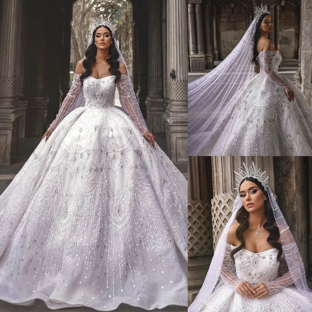Exquisite Ball Gowns With Veil Crystal Sequins Off Shoulder Long Sleeve Wedding Dress Beaded Train Bridal Dresses Custom Made