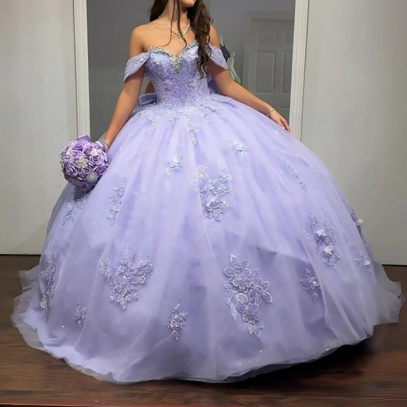 Lavender Shiny Quinceanera Dresses Ball Gown Off The Shoulder Lace Applique Beads Tull Sweet 16 Dress Mexican Birthday Vestidos De 15 Anos
