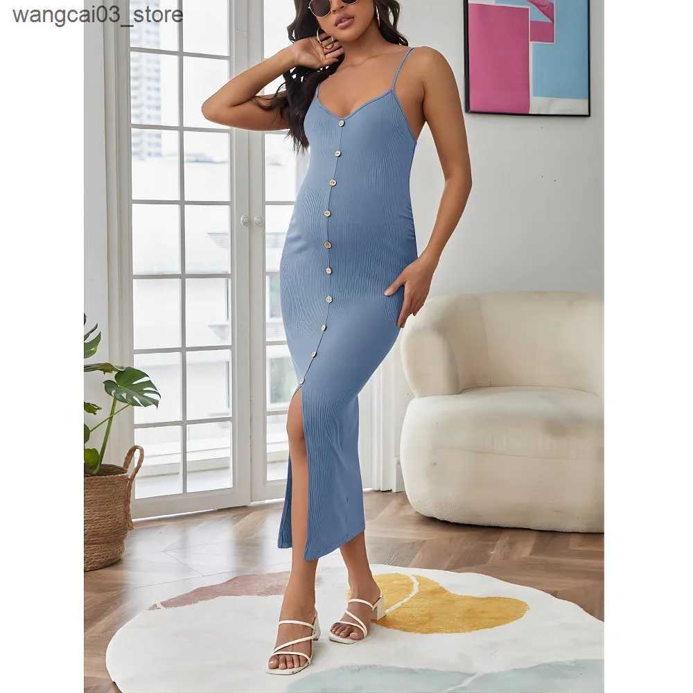 Maternity Dresses European and American Fashion Sexy Hem Slit Pregnant Button Camisole Dress Summer Hot Slim A Line Sling Dress 24ss Y2k Pregnancy L24