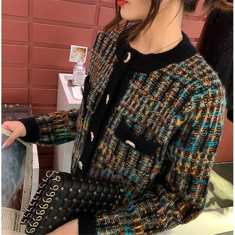 Sweater Cardigan Women Autumn And Winter 2023 Fashion Round Neck Longsleeved Color Matching Knitted Jacket Allmatch 241007