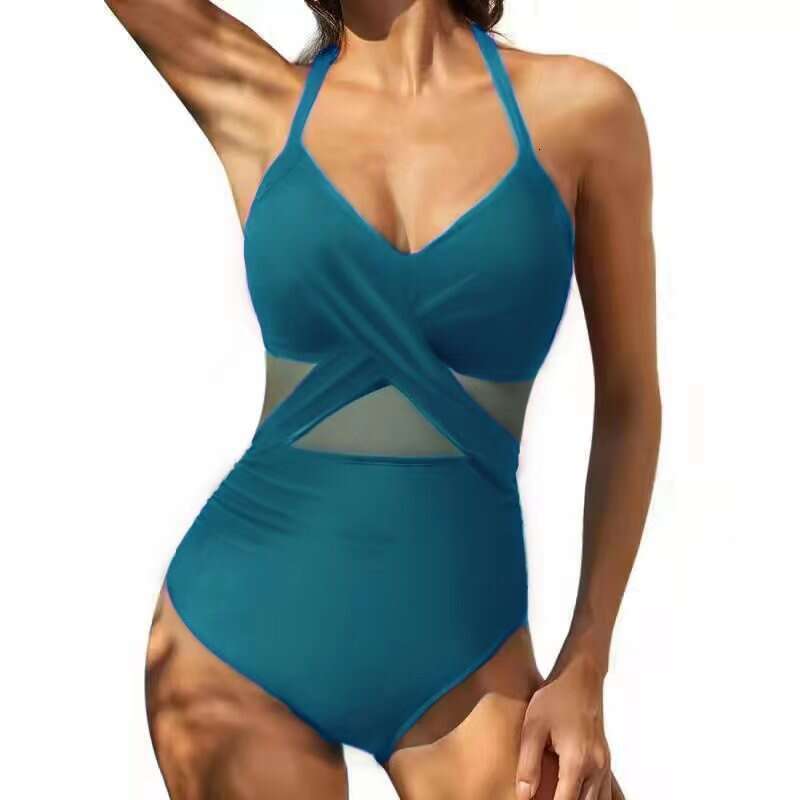 2023 New Swimsuit Cross Style Sexy Open Back Mesh Splicing One Piece Bikini Women