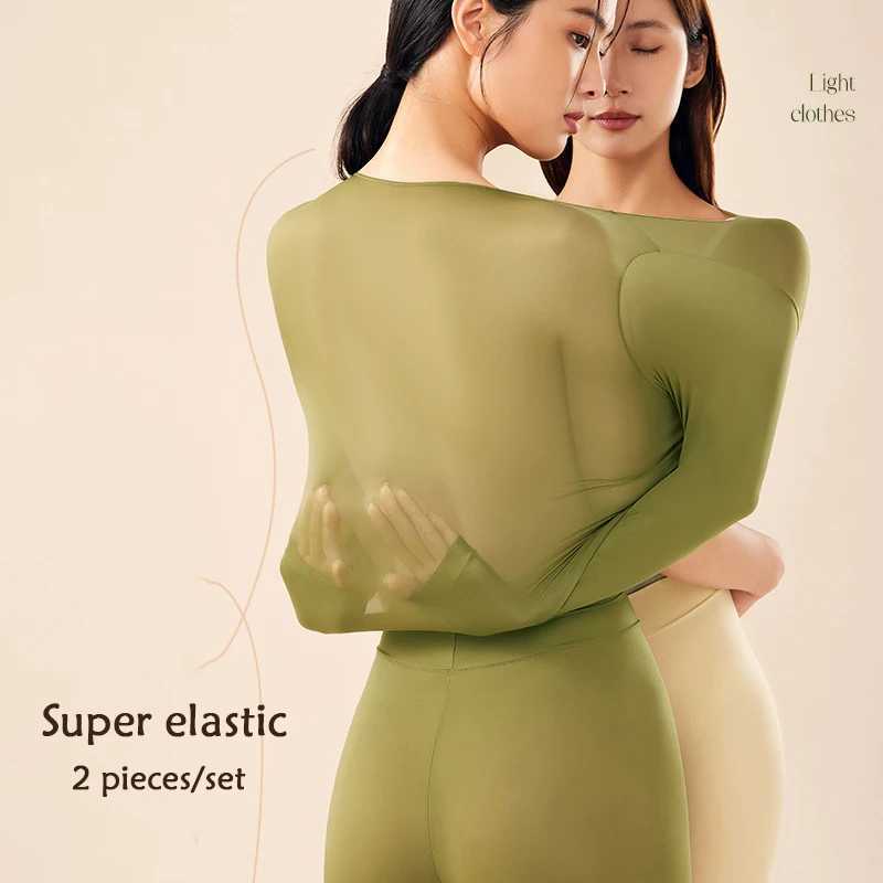 Womens Thermal Underwear 2 pieces of womens hot underwear hyaluronic acid moisturizing seamless long sleeved shirt high elasticity winter and spring Y