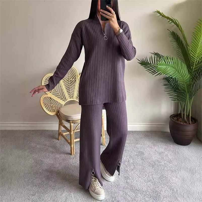 Casual Knitted Home Set Womens Warm Zipper Top Pants Turn Down Collar Long Sleeve High Waisted Trousers 2 Piece Outfit y241010