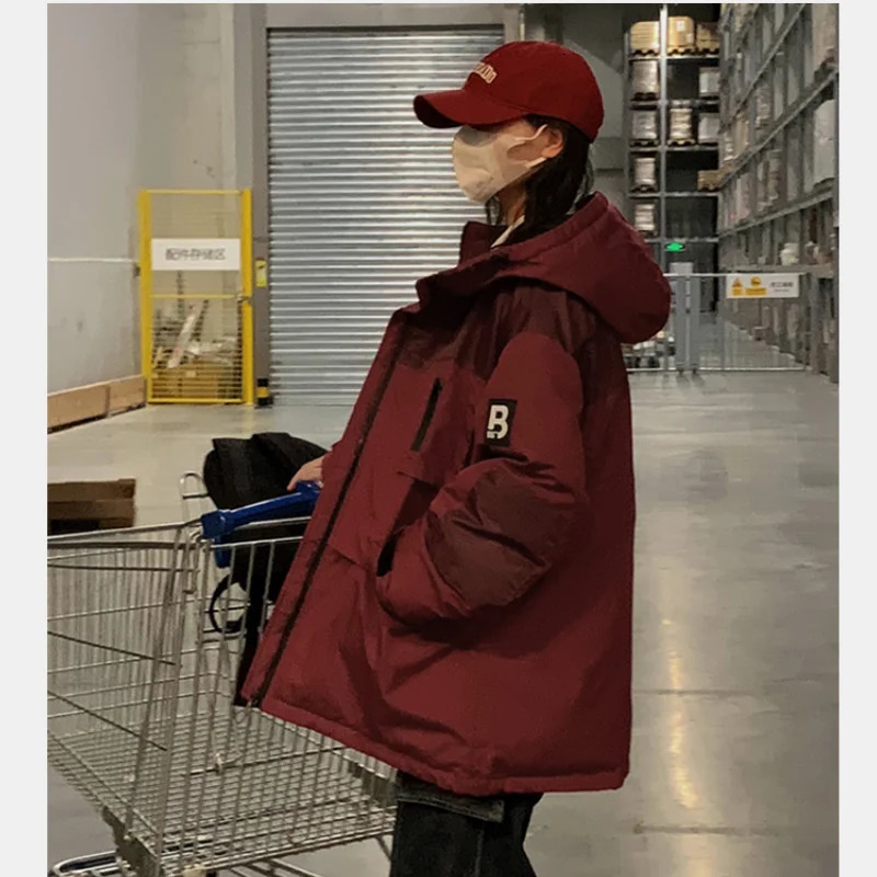 Womens down jacket black winter Korean fashion Y2K style stand up collar chic warm red womens jacket cotton jacket 241009