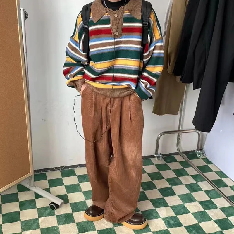 Mens Retro Street Dress Christmas Top Striped Gothic Harajuku Plus Size Korean Knitted Casual Sweater 241009