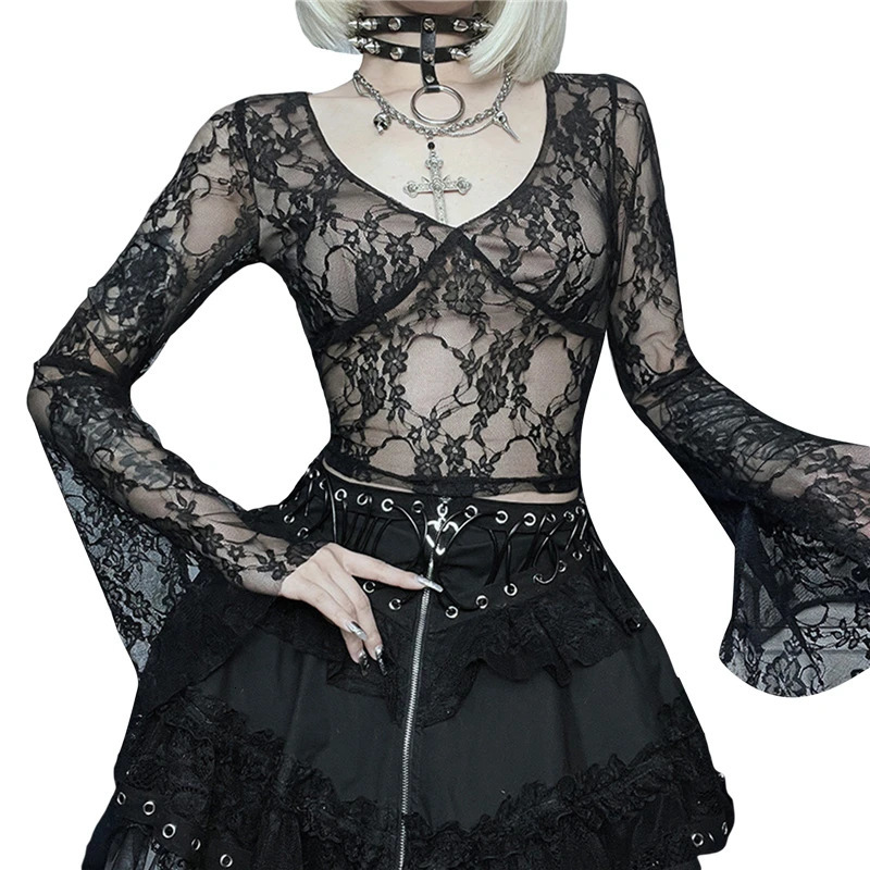 Xingqing Cyber y2k Tops Women Aesthetic See Through Floral Lace Flared Long Sleeve T Shirt 2000s Goth Grunge Clothing Streetwear 241011