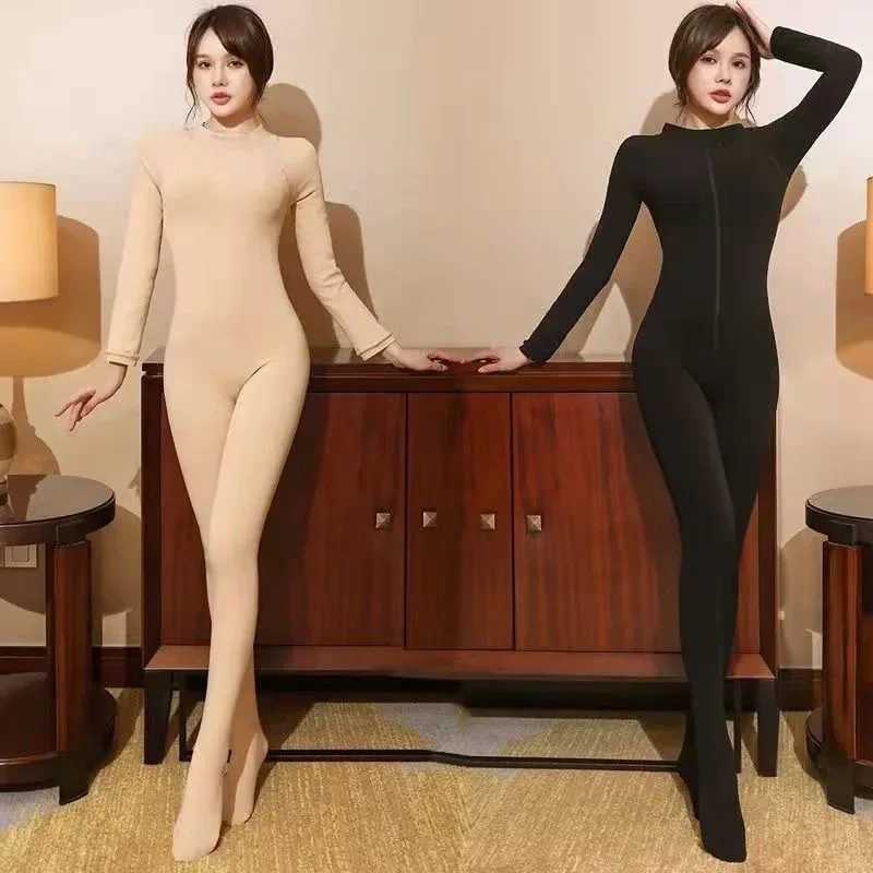 Women's Thermal Underwear Womens Plus Velvet Warm jumpsuit Womens Open Crotch Ultra Thin Thick Stocking Integrated Zipper Crotch Plus Size Y24101