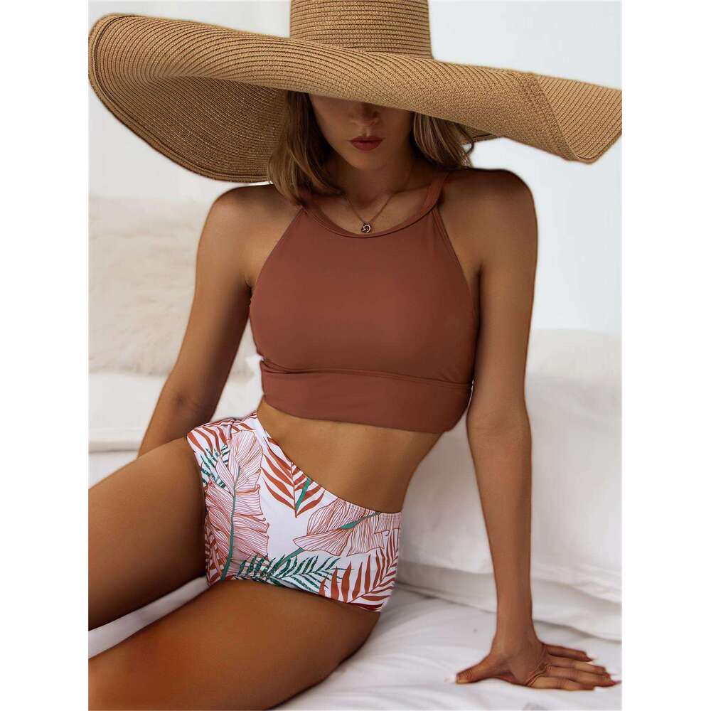 New 2023 Bikini Women's Sexy Solid Color Printed Split High Waist Concealed Belly Hot Spring Swimsuit