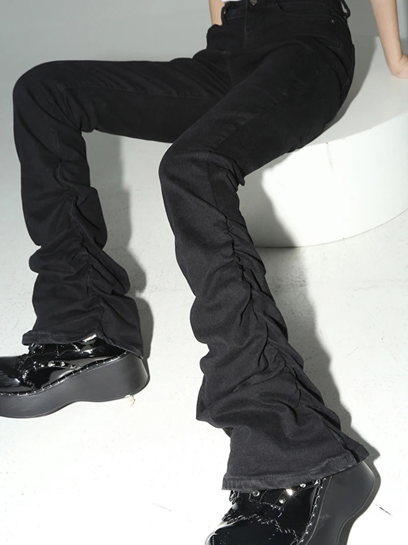 REDDACHiC Black Ruched Flare Jean Solid Stretch Bootcut Stacked Pants High Rise Trousers Harajuku Goth Grunge Y2k Clothes 241009