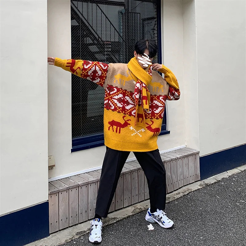 Thick Winter Sweater Mens Red O-neck Pullovers Fashion Christmas Lovers Sweater Japan Casual Loose Preppy Style Male Pullovers 241009