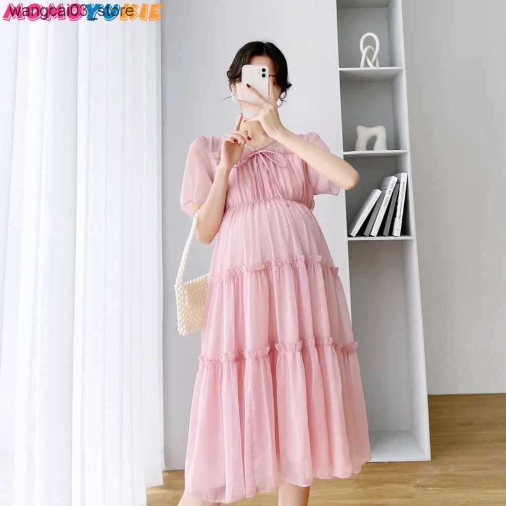 Maternity Dresses 2022 New Fresh Fairy Maternity Solid Chiffon Cake Dress For Summer Pregnancy Clothes V-Neck Knee-Length Pregnant Vestidos L240910