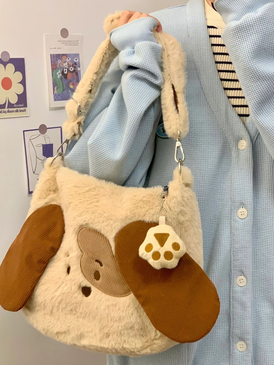 Cute puppy embroidered handbag Autumn/Winter plush large capacity female student shoulder bag Underarm commuter bag